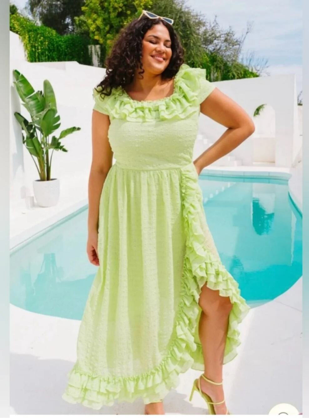 Ivy City Co Havana Dress Women’s M Lime Green Ruffle Off Shoulder NWOT
